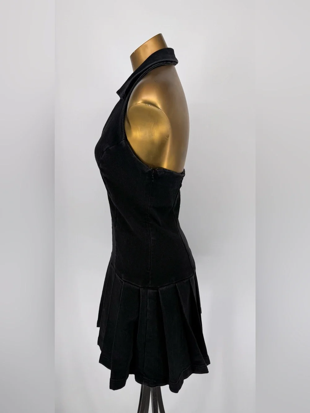 love, Fire Black Denim Collared V-Neck Pleated Mini Dress Open Back Size Medium